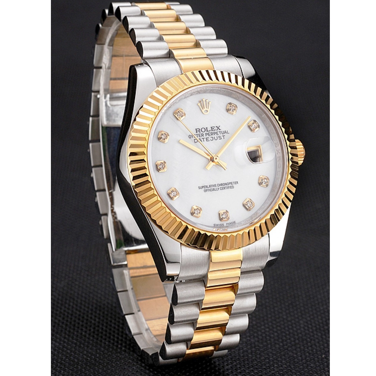 Aaa replica watch Hour Steel Tone Diamond Swiss Rolex Case White Bracelet Two Marks Bezel Datejust Stainless Dial Gold 0803